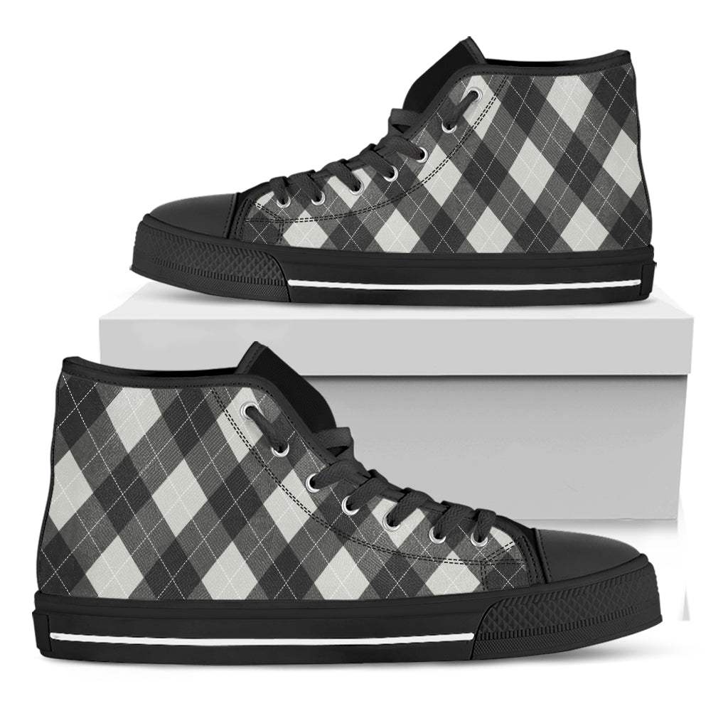 Shadow Grey Argyle Pattern Print Black High Top Shoes