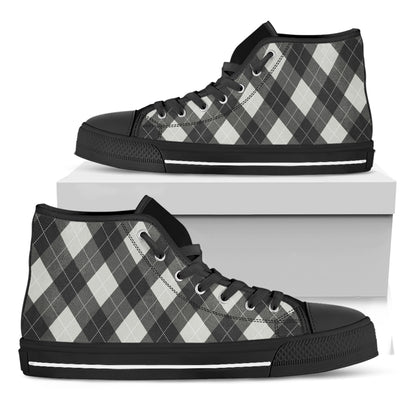 Shadow Grey Argyle Pattern Print Black High Top Shoes