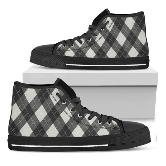 Shadow Grey Argyle Pattern Print Black High Top Shoes