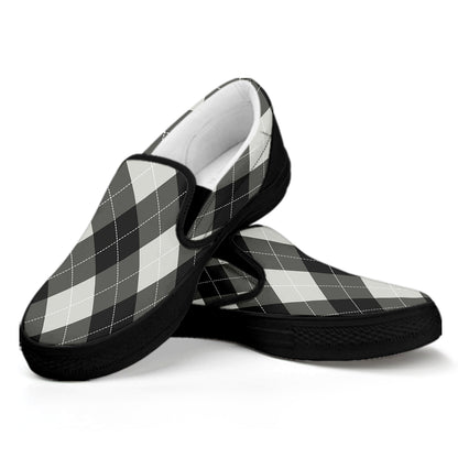 Shadow Grey Argyle Pattern Print Black Slip On Shoes