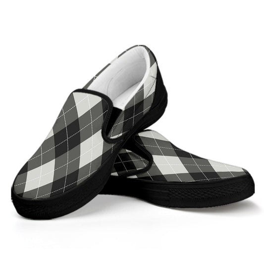 Shadow Grey Argyle Pattern Print Black Slip On Shoes