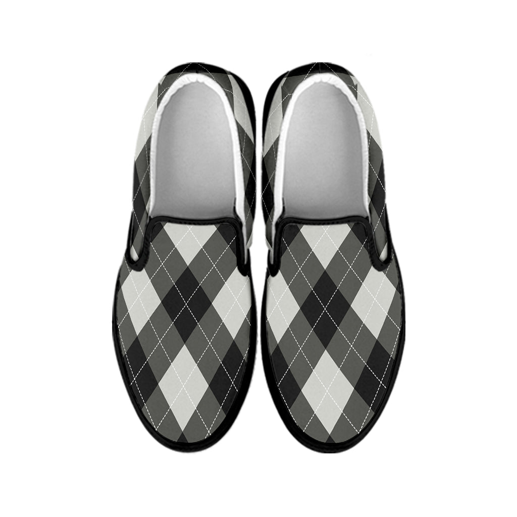 Shadow Grey Argyle Pattern Print Black Slip On Shoes