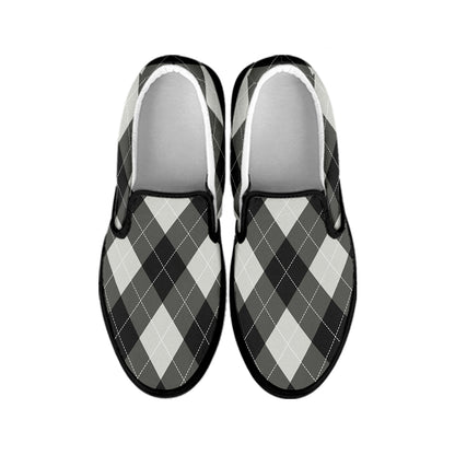 Shadow Grey Argyle Pattern Print Black Slip On Shoes