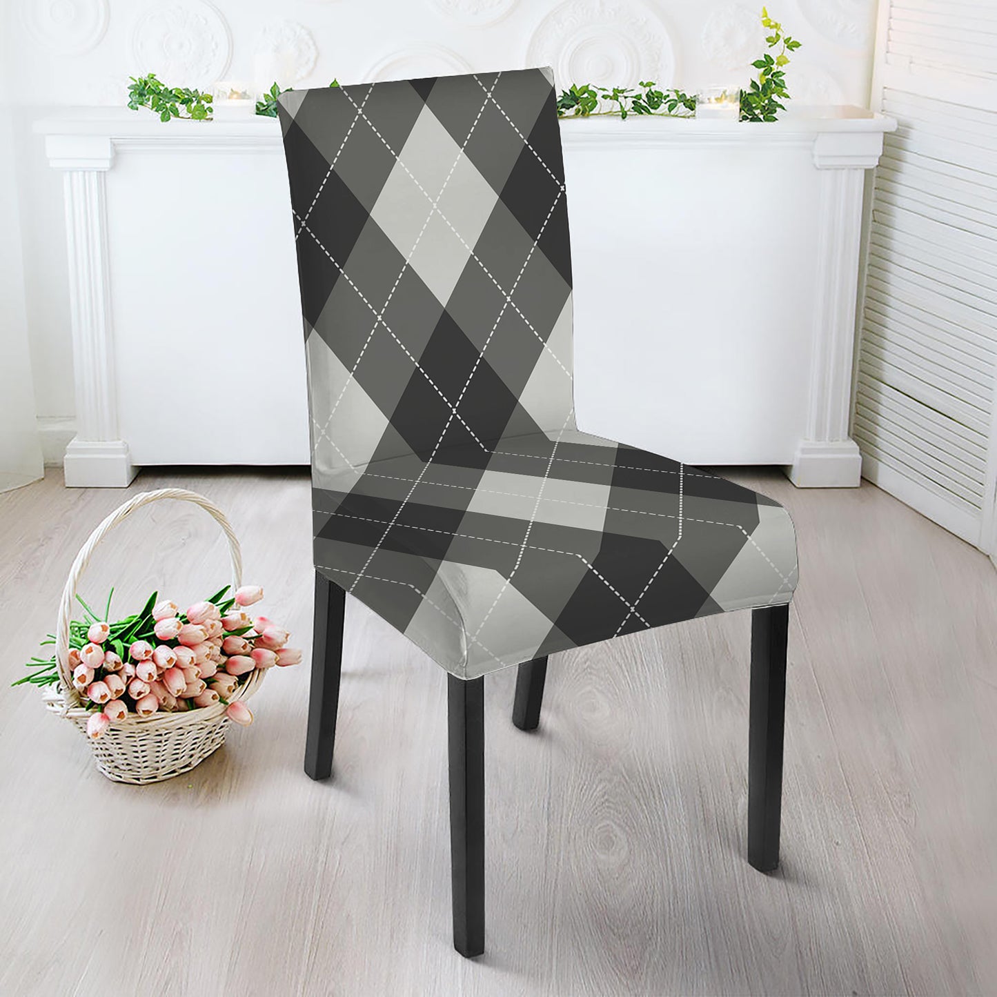 Shadow Grey Argyle Pattern Print Dining Chair Slipcover