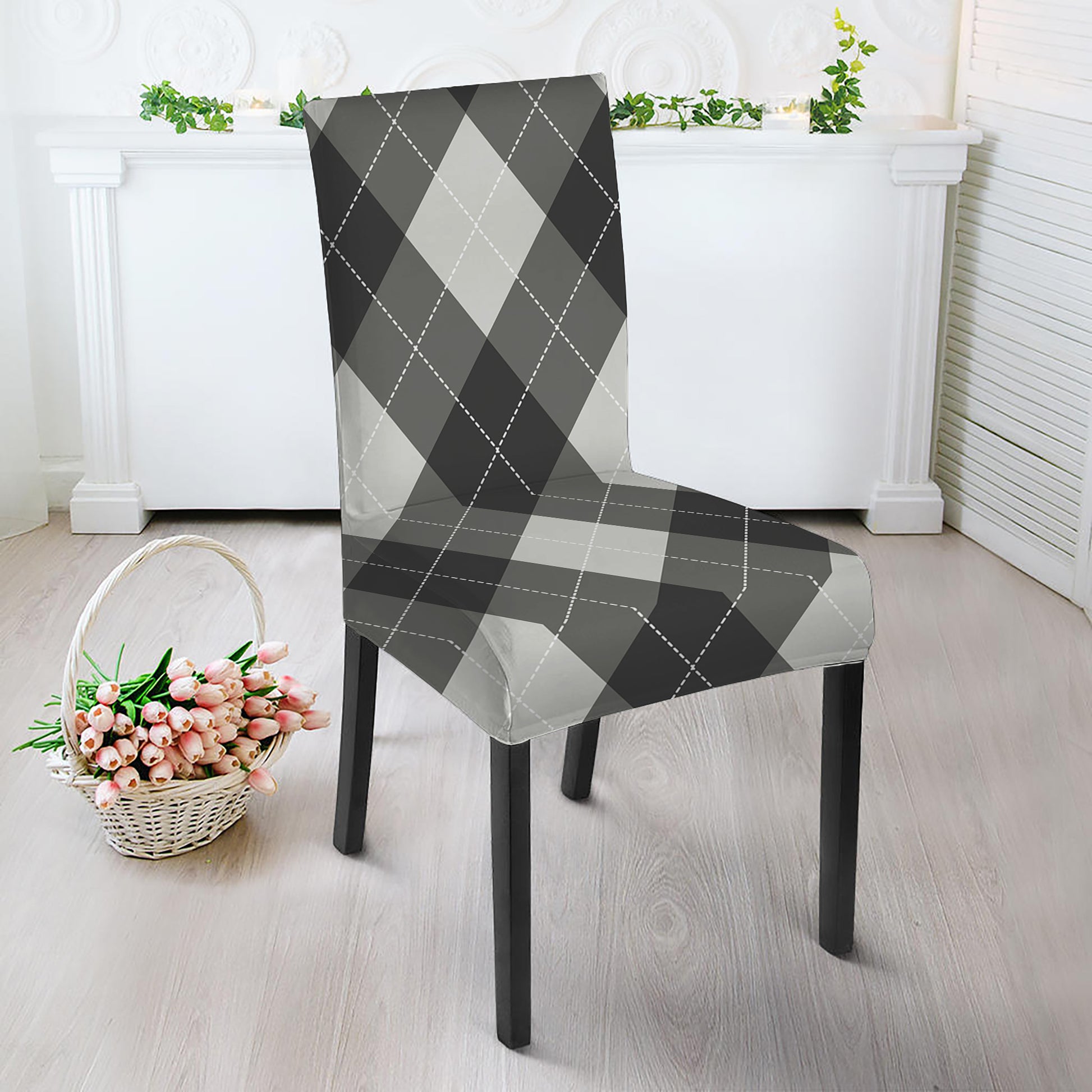 Shadow Grey Argyle Pattern Print Dining Chair Slipcover