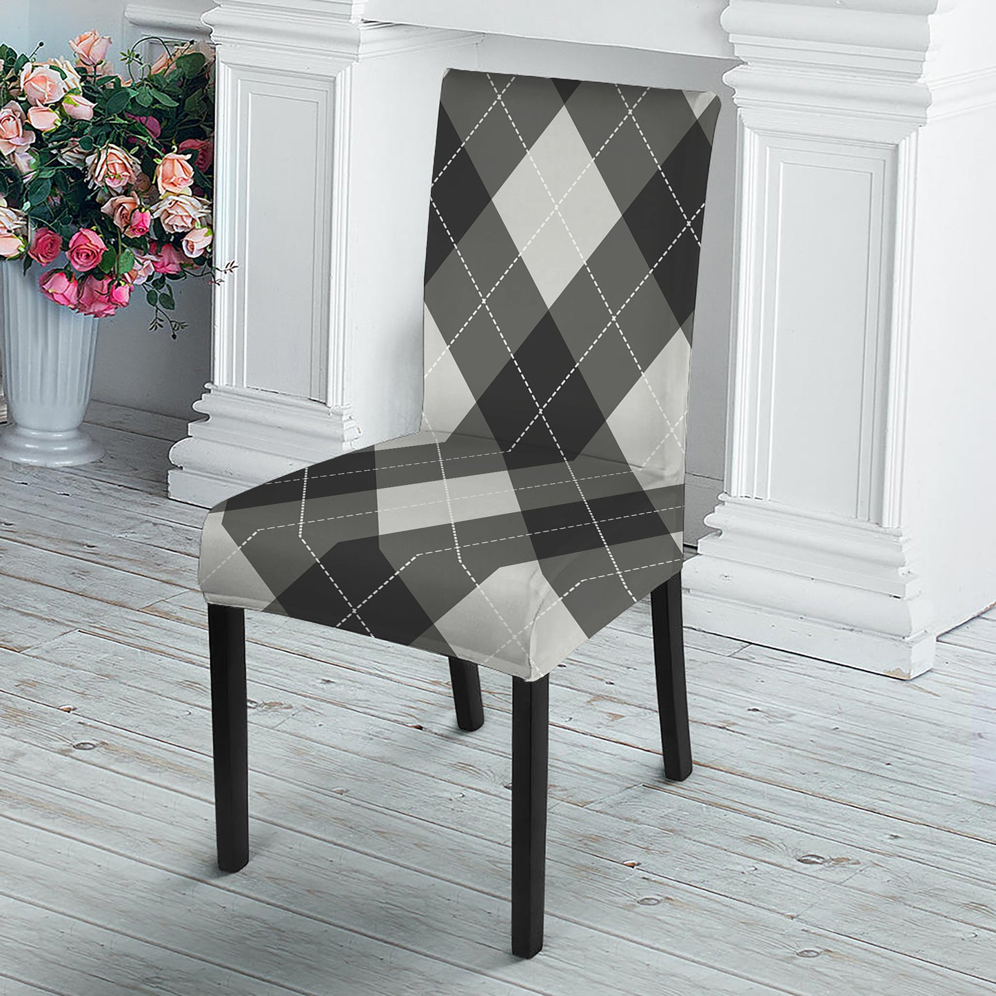 Shadow Grey Argyle Pattern Print Dining Chair Slipcover