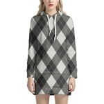 Shadow Grey Argyle Pattern Print Hoodie Dress