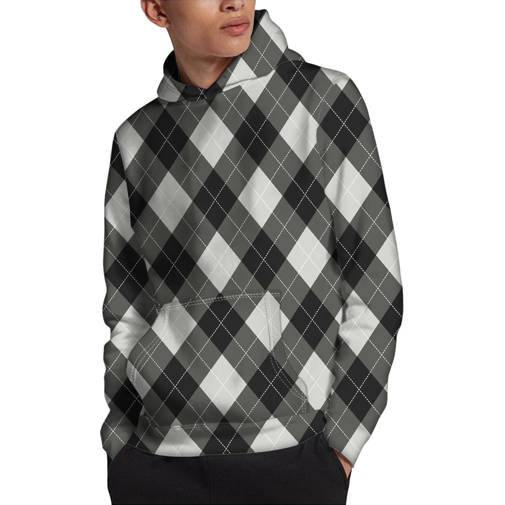 Shadow Grey Argyle Pattern Print Pullover Hoodie