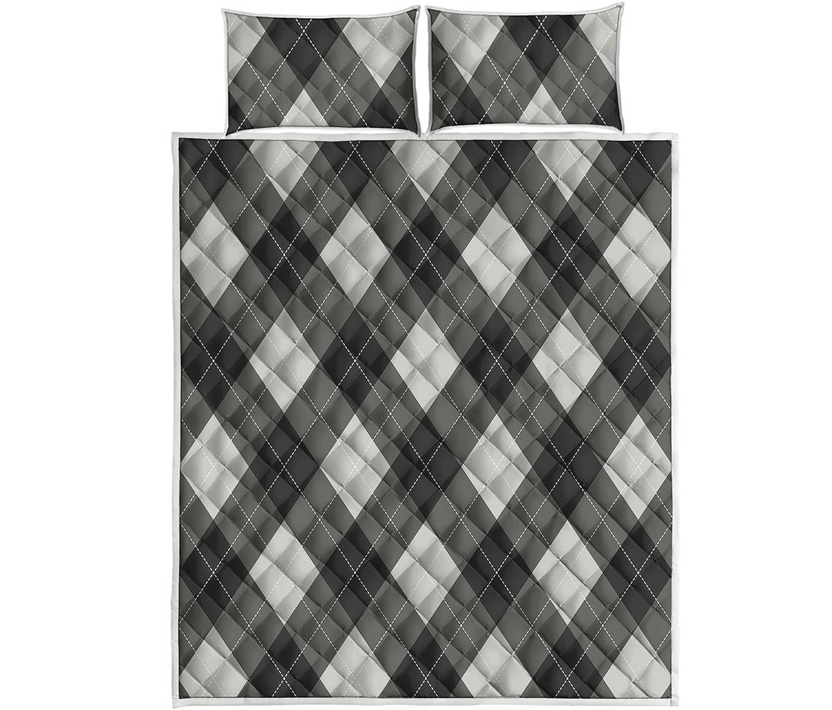 Shadow Grey Argyle Pattern Print Quilt Bed Set