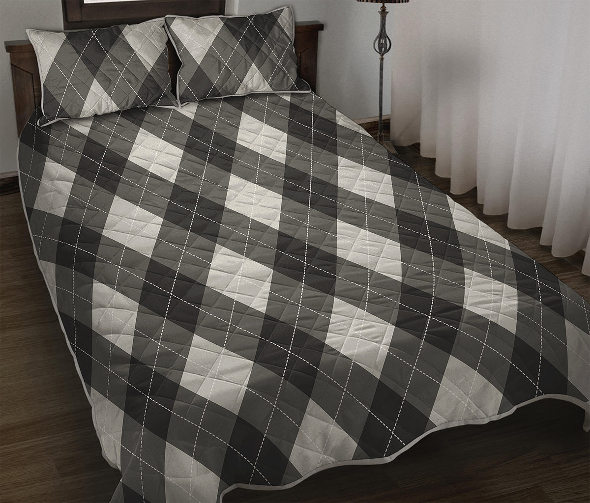 Shadow Grey Argyle Pattern Print Quilt Bed Set