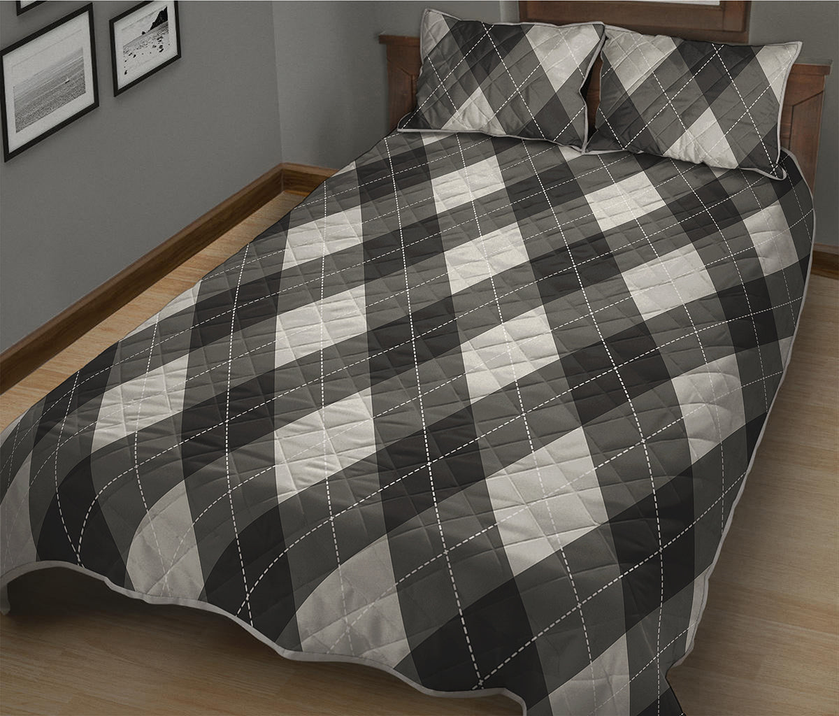 Shadow Grey Argyle Pattern Print Quilt Bed Set