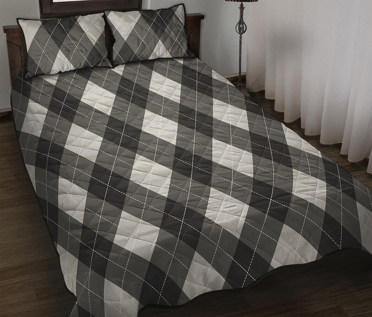 Shadow Grey Argyle Pattern Print Quilt Bed Set