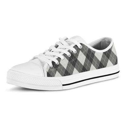 Shadow Grey Argyle Pattern Print White Low Top Shoes