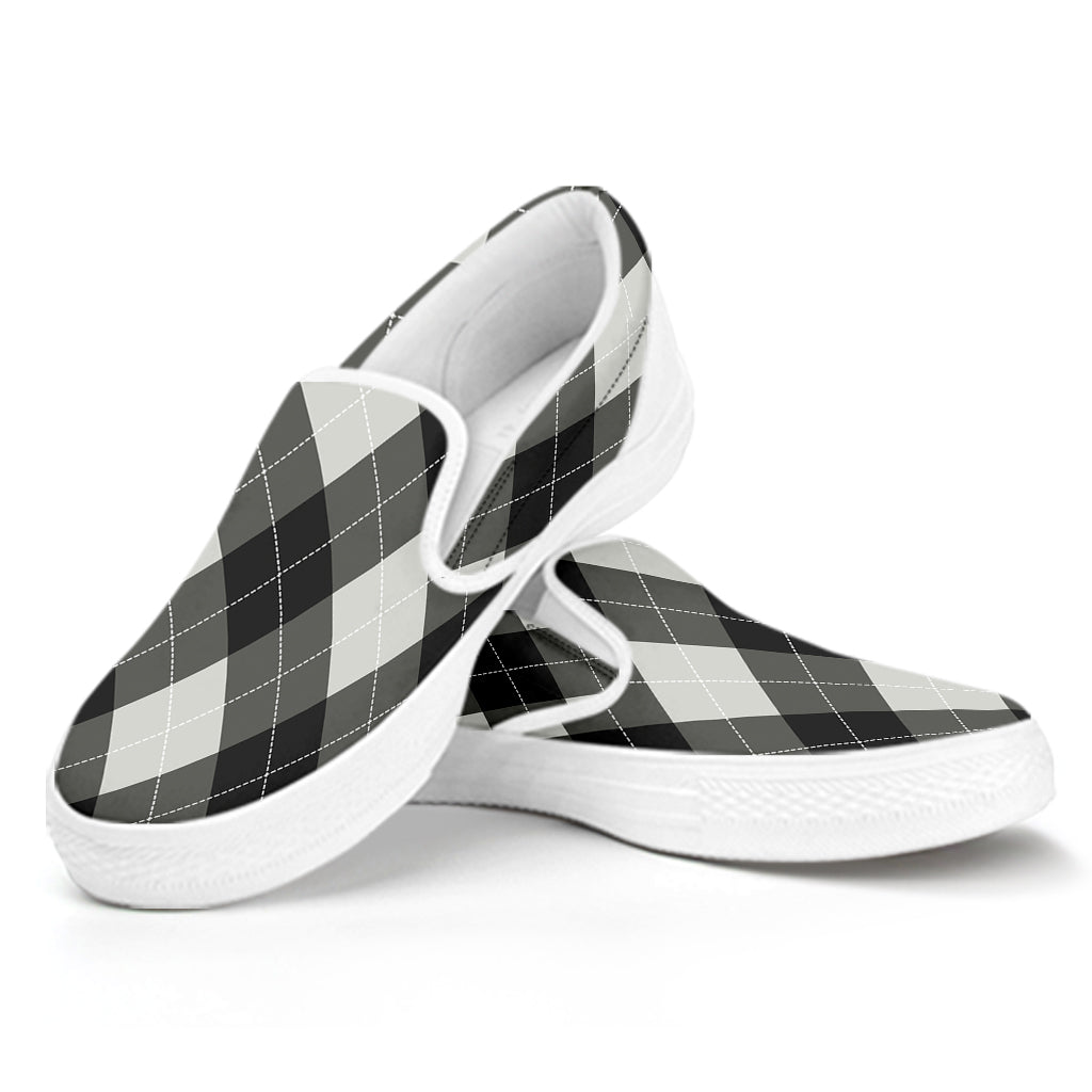 Shadow Grey Argyle Pattern Print White Slip On Shoes