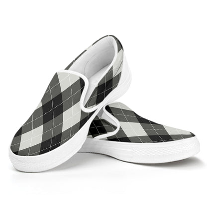 Shadow Grey Argyle Pattern Print White Slip On Shoes