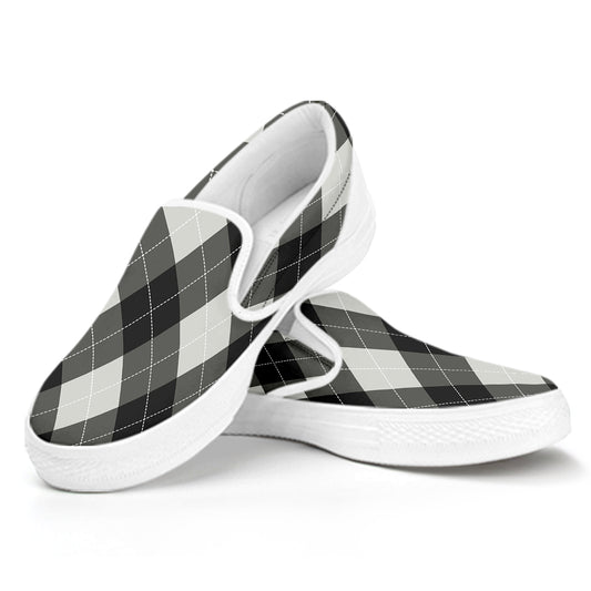 Shadow Grey Argyle Pattern Print White Slip On Shoes