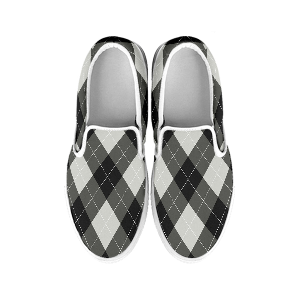 Shadow Grey Argyle Pattern Print White Slip On Shoes