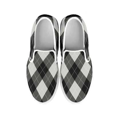 Shadow Grey Argyle Pattern Print White Slip On Shoes