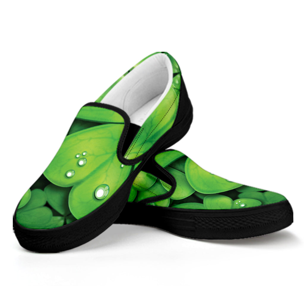 Shamrock Clover St. Patrick's Day Print Black Slip On Shoes