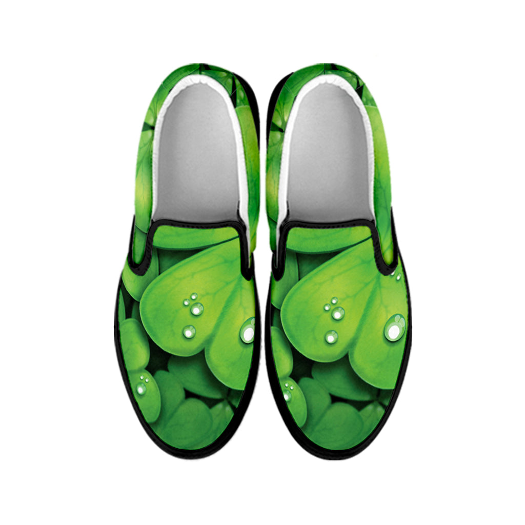 Shamrock Clover St. Patrick's Day Print Black Slip On Shoes