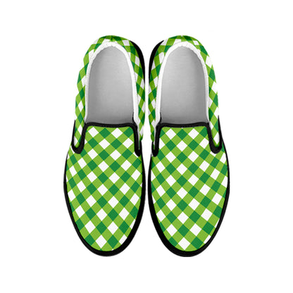 Shamrock Green And White Gingham Print Black Slip On Shoes