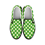 Shamrock Green And White Gingham Print Black Slip On Shoes