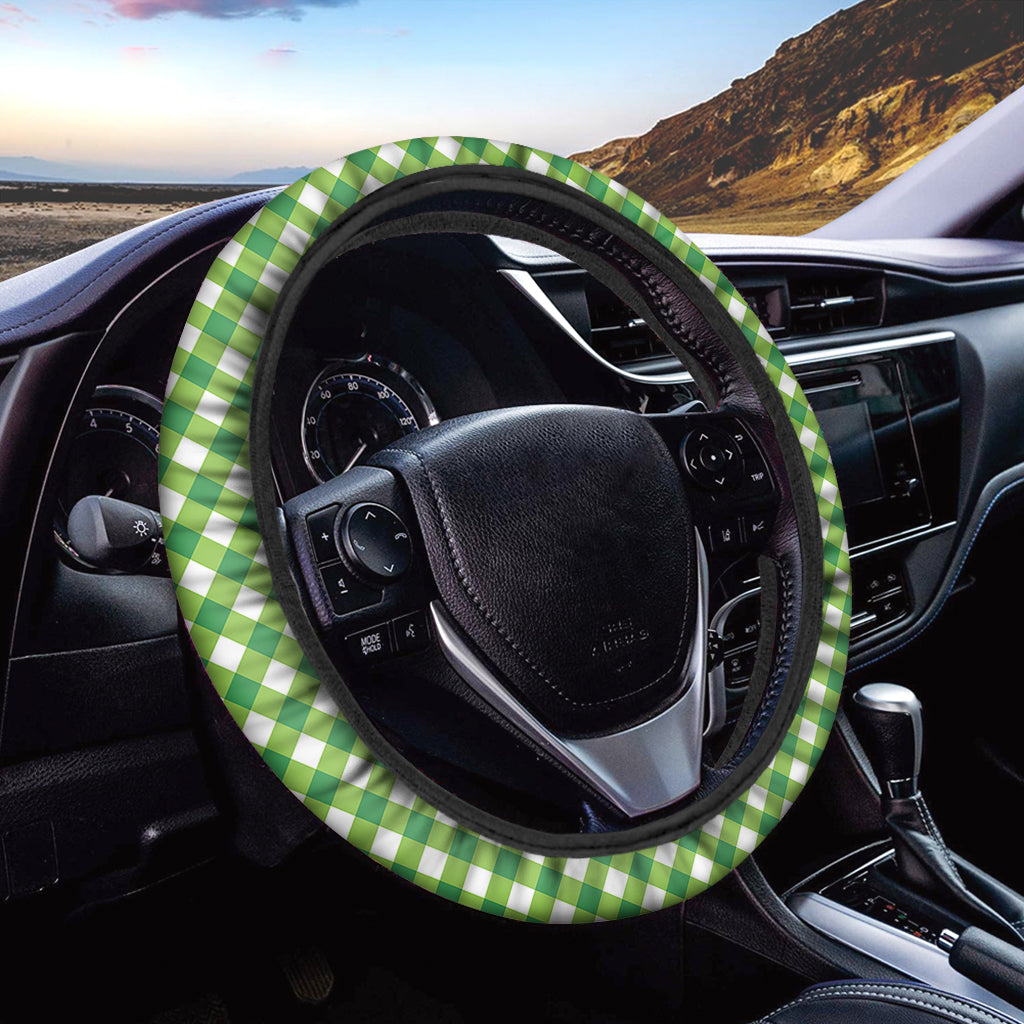 Shamrock Green And White Gingham Print Car Steering Wheel Cover