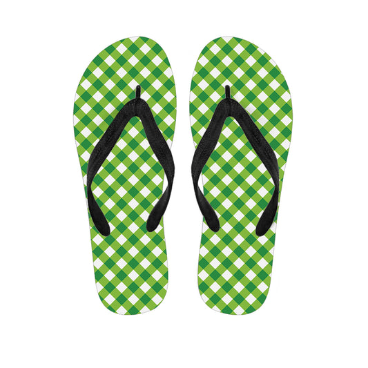 Shamrock Green And White Gingham Print Flip Flops