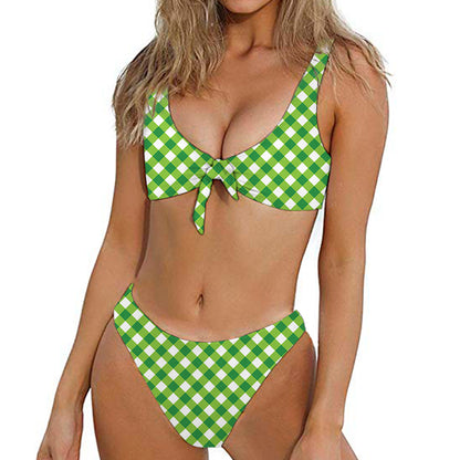 Shamrock Green And White Gingham Print Front Bow Tie Bikini