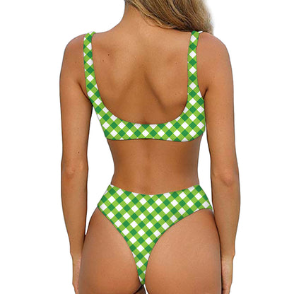 Shamrock Green And White Gingham Print Front Bow Tie Bikini