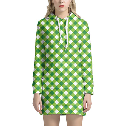 Shamrock Green And White Gingham Print Hoodie Dress
