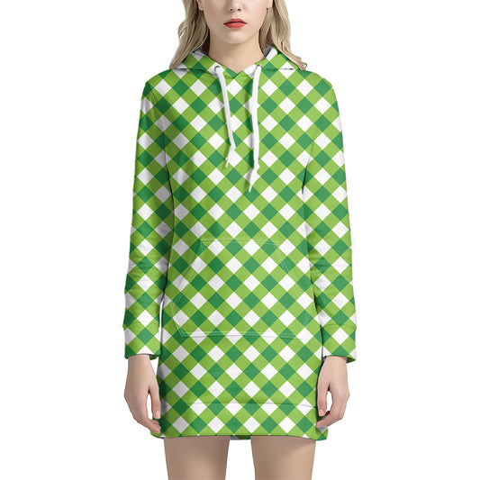 Shamrock Green And White Gingham Print Hoodie Dress