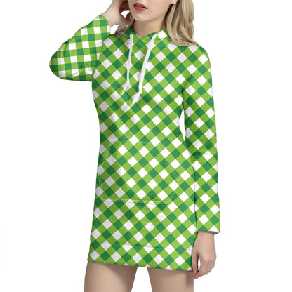Shamrock Green And White Gingham Print Hoodie Dress
