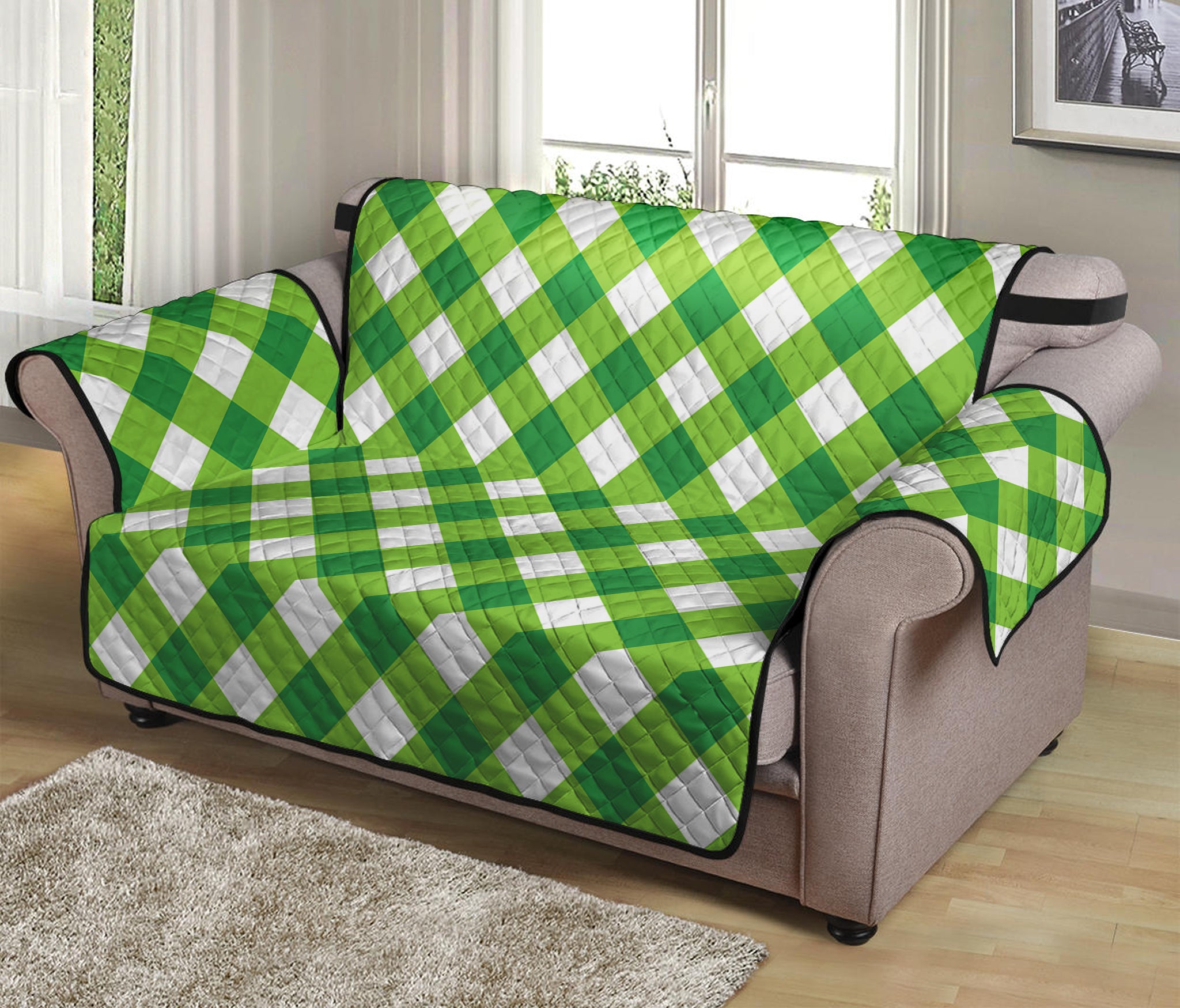 Shamrock Green And White Gingham Print Loveseat Protector