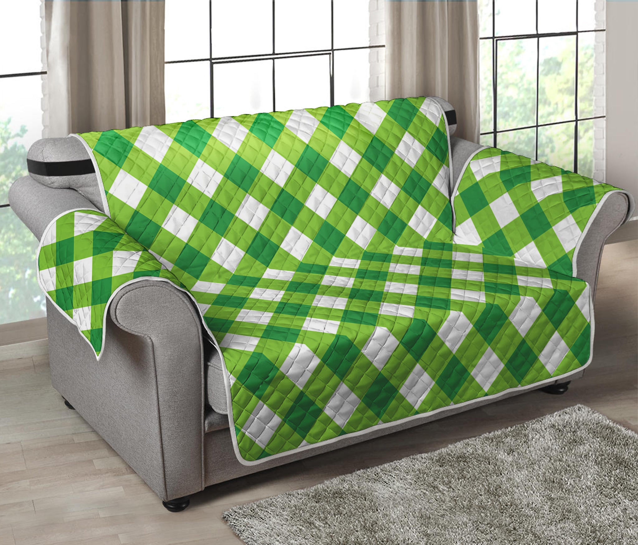 Shamrock Green And White Gingham Print Loveseat Protector