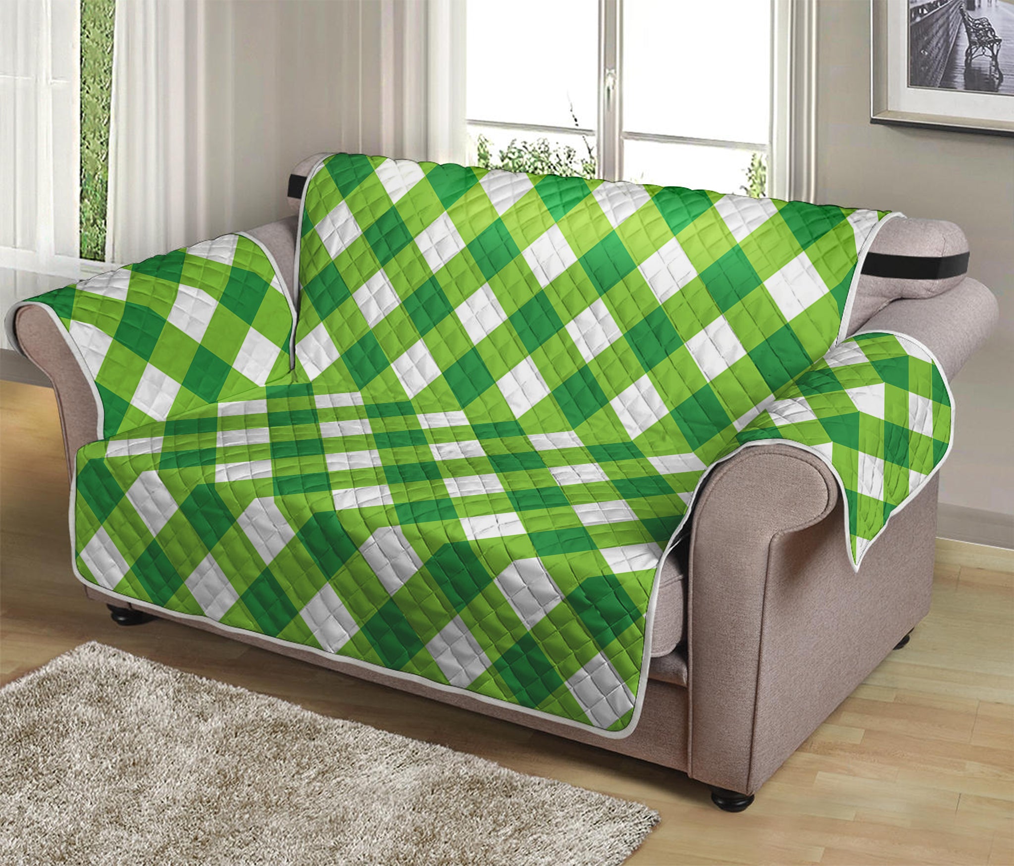 Shamrock Green And White Gingham Print Loveseat Protector