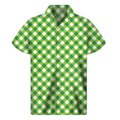 Shamrock Green And White Gingham Print Men's Short Sleeve Shirt