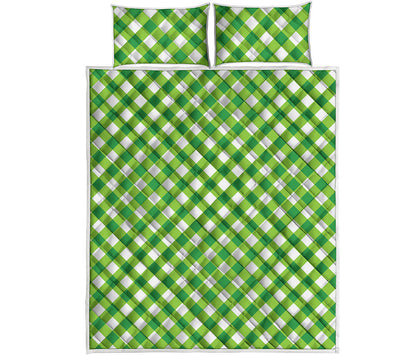 Shamrock Green And White Gingham Print Quilt Bed Set