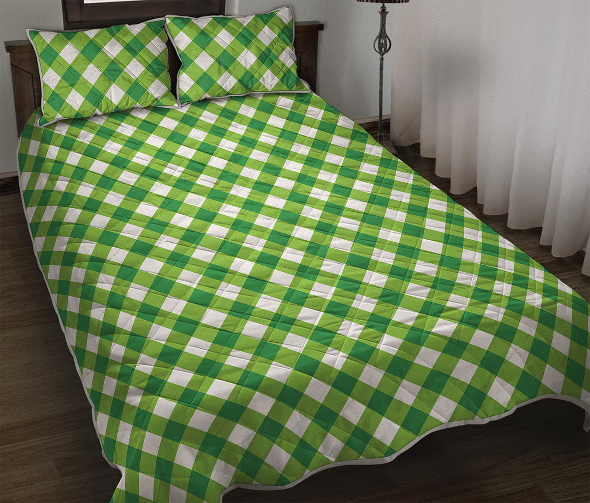 Shamrock Green And White Gingham Print Quilt Bed Set