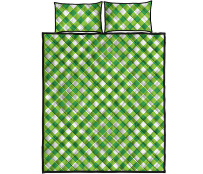 Shamrock Green And White Gingham Print Quilt Bed Set