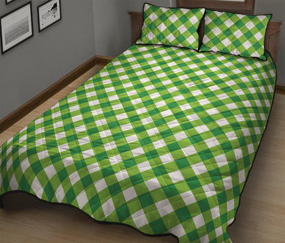 Shamrock Green And White Gingham Print Quilt Bed Set