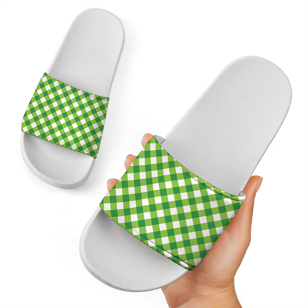 Shamrock Green And White Gingham Print White Slide Sandals