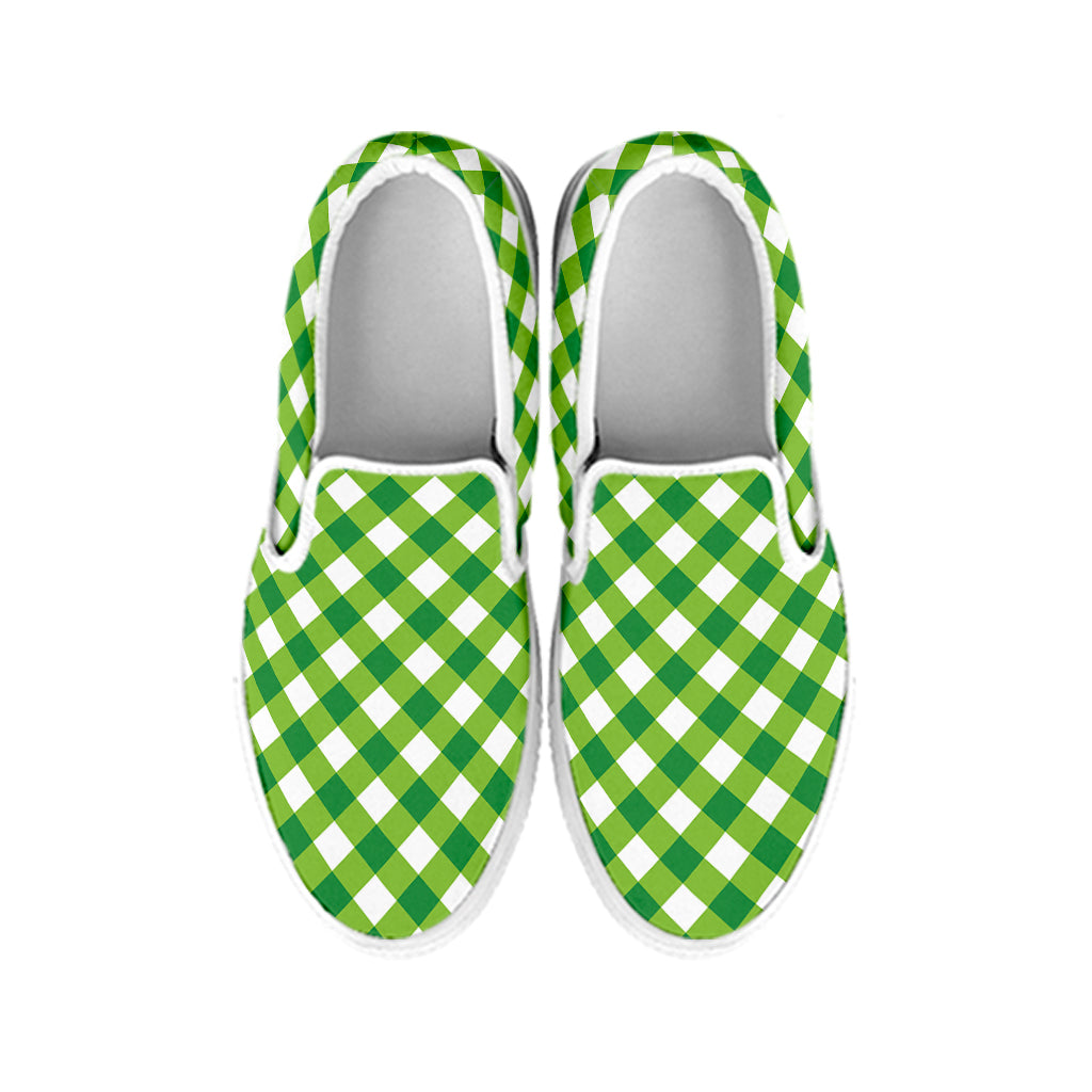 Shamrock Green And White Gingham Print White Slip On Shoes