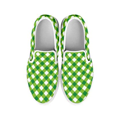 Shamrock Green And White Gingham Print White Slip On Shoes