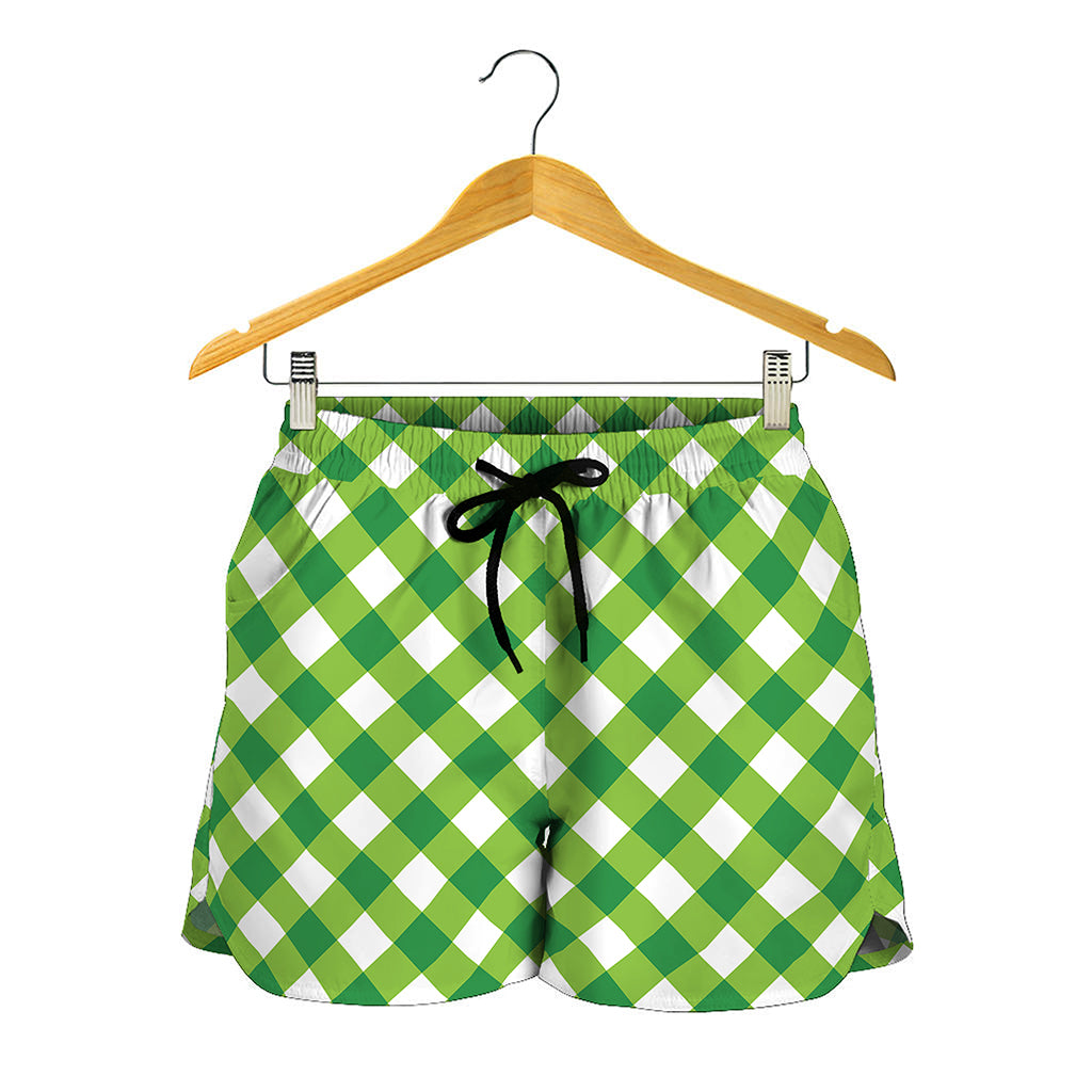 Shamrock Green And White Gingham Print Women's Shorts