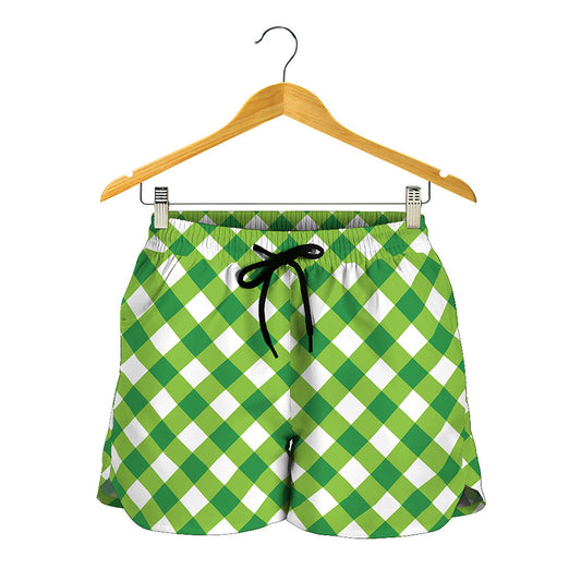 Shamrock Green And White Gingham Print Women's Shorts