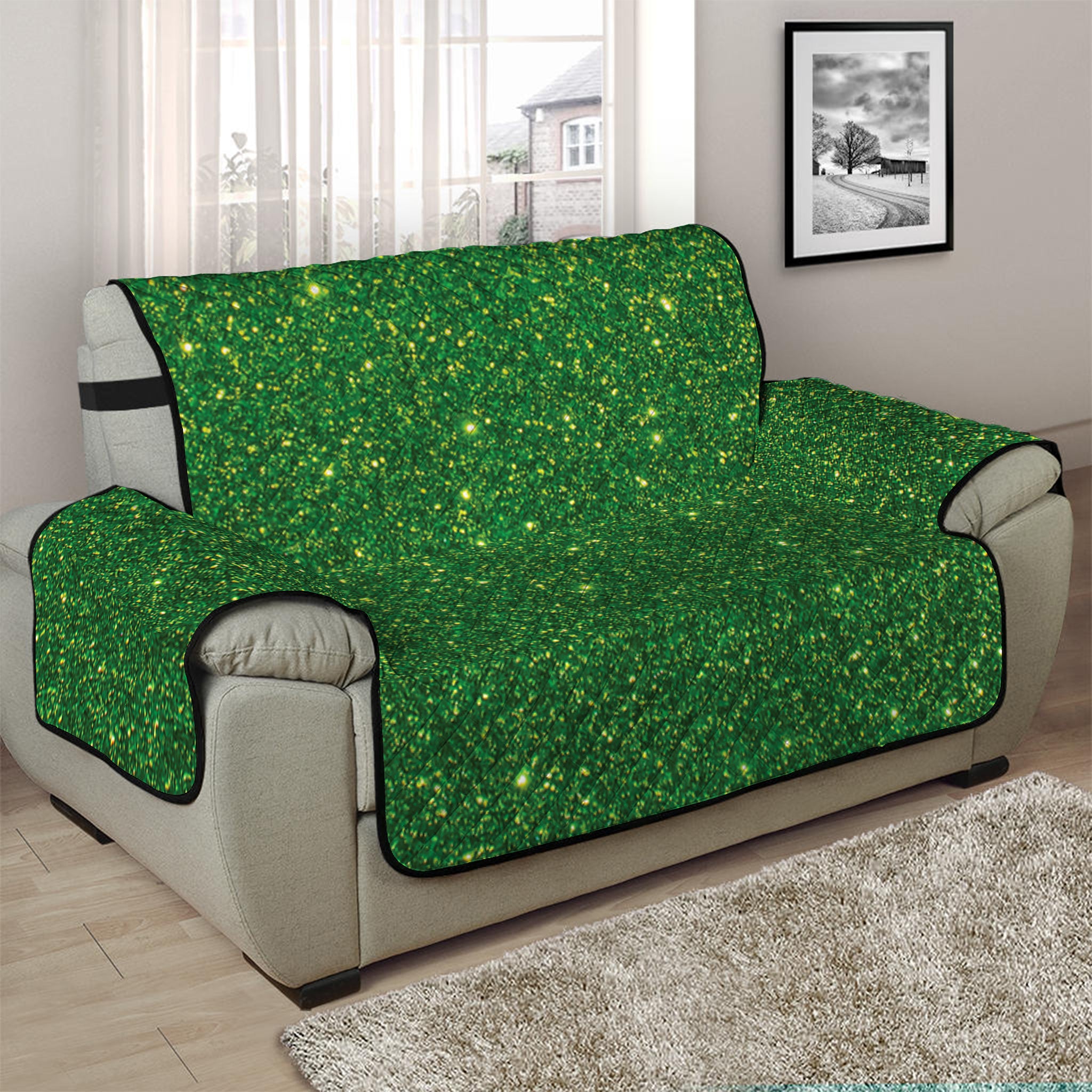 Shamrock Green Glitter Artwork Print Half Sofa Protector