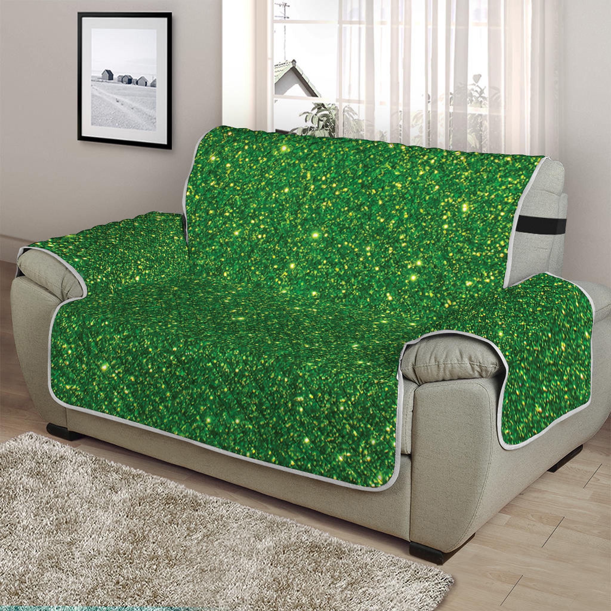 Shamrock Green Glitter Artwork Print Half Sofa Protector