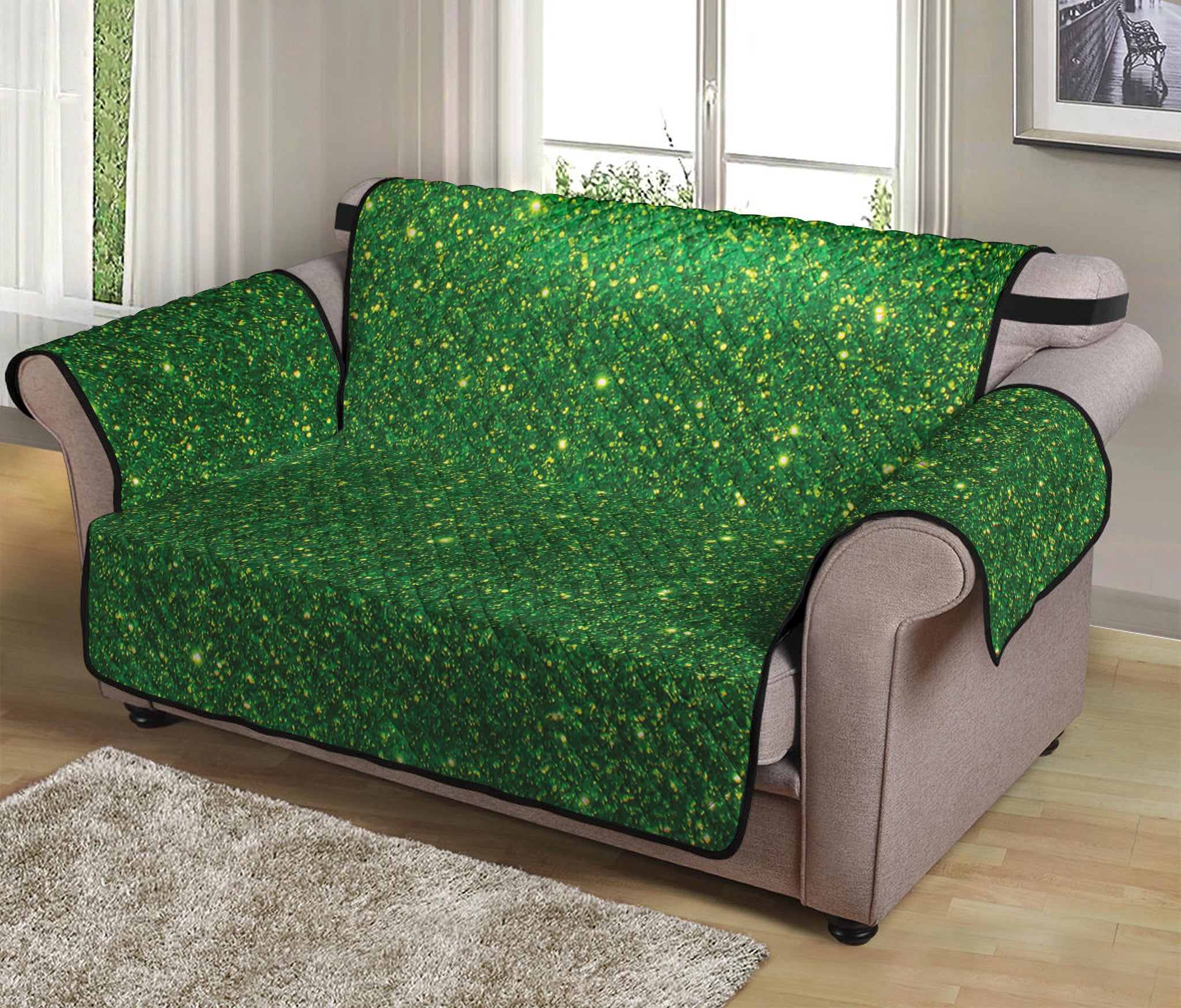 Shamrock Green Glitter Artwork Print Loveseat Protector