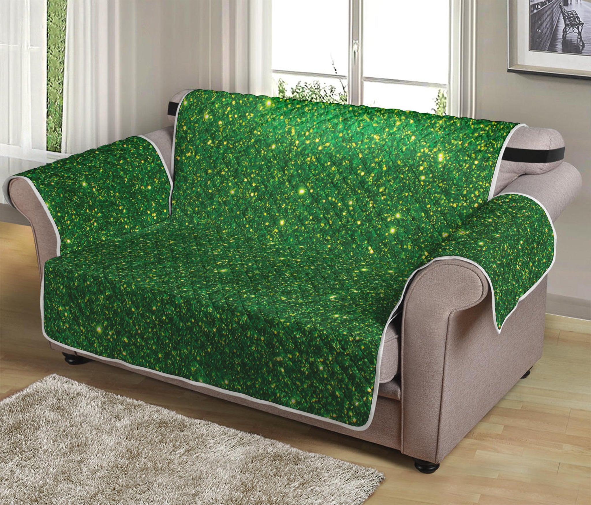 Shamrock Green Glitter Artwork Print Loveseat Protector